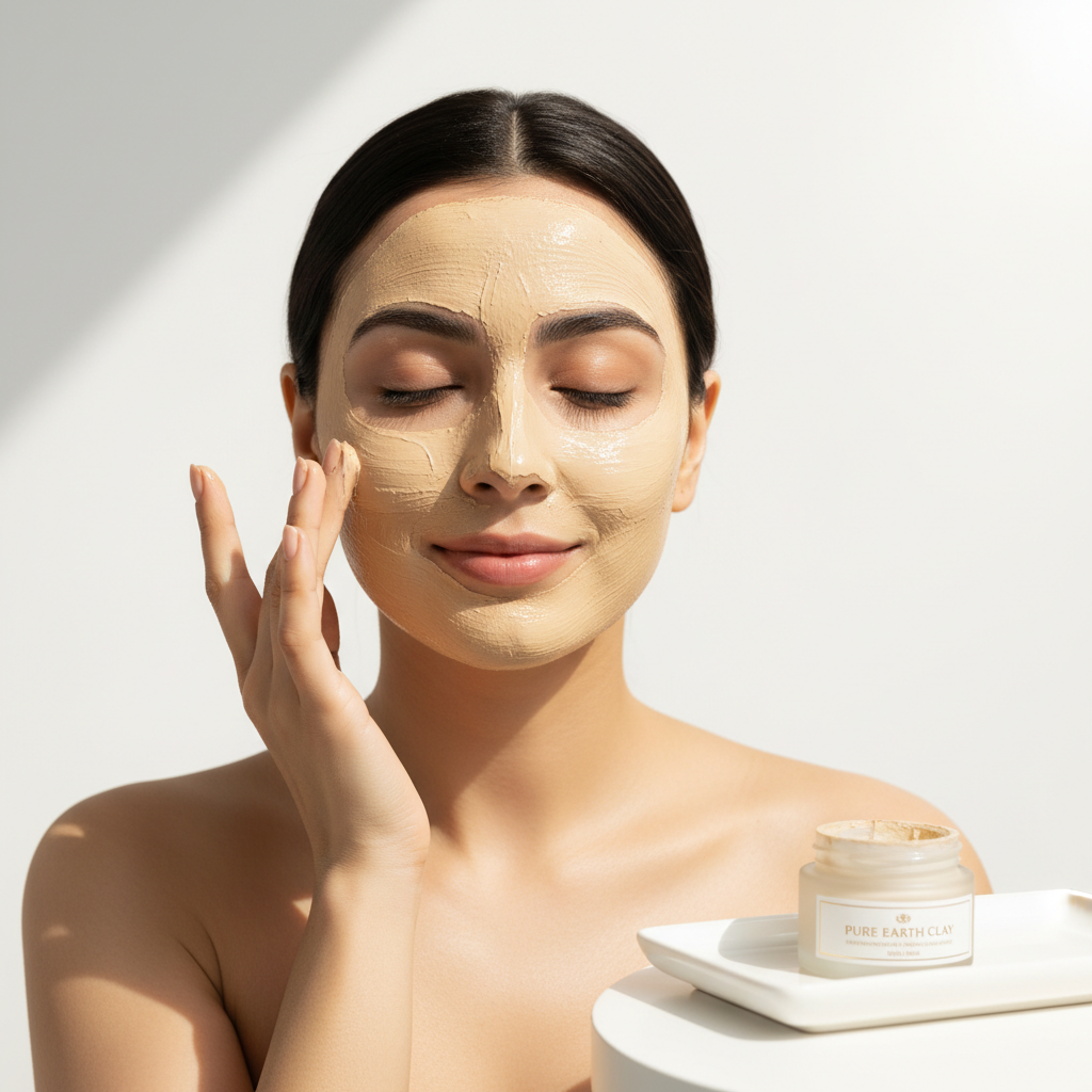 Woman applying Multani Mitti clay face mask