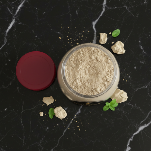 Alpha Multani Mitti top-down overhead shot showing clay powder